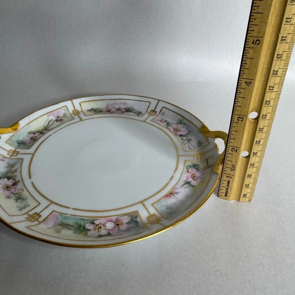 Vintage Bavaria Hand‎ Painted Porcelain Plate Pink Floral Gold Trim Handles
